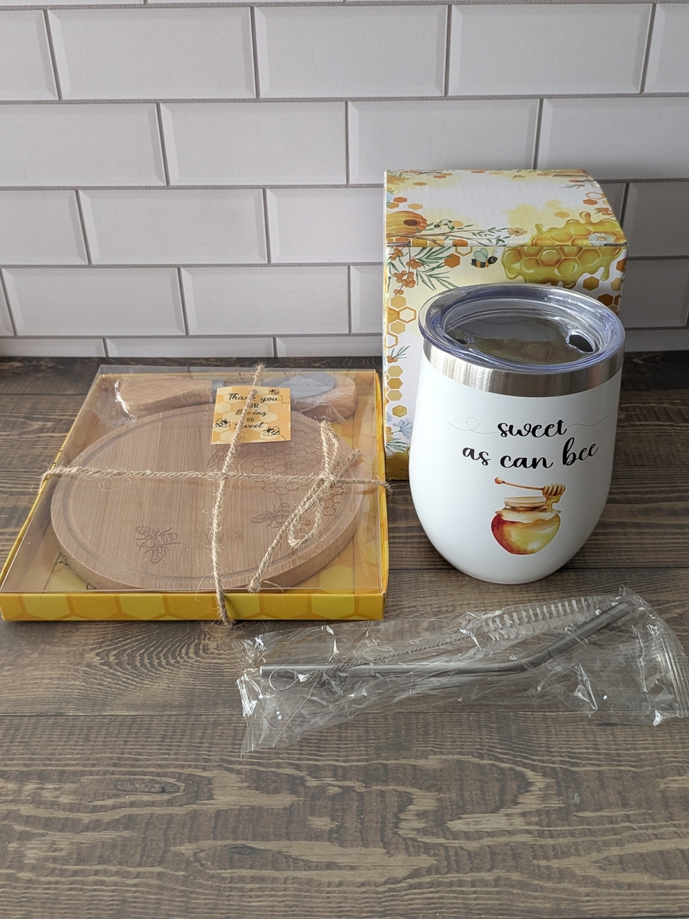 Sweet As Can Bee White Insulated Tumbler and Bamboo Serving Tray Gift Set